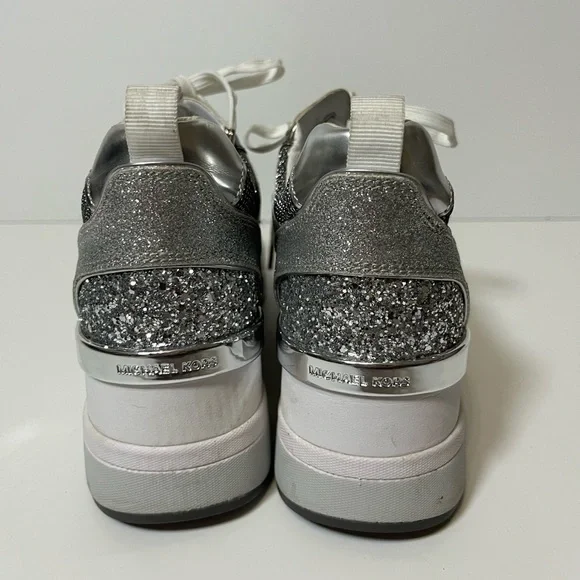 Michael Kors Crista Silver White Mixed Media Wedge Sneakers Glitter Women’s 9.5 - Picture 6 of 12
